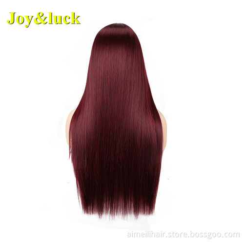 Wholesale Prices Wine Red Color Wig For Women Party Or Cosplay Natural Long Straight With Bangs Soft Synthetic Ladies Hair Wigs
